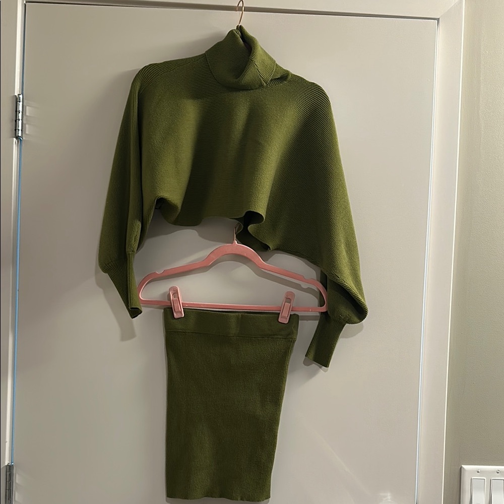 Olive Green Turtleneck Sweater and Mini Skirt Set. Both Size Small.
